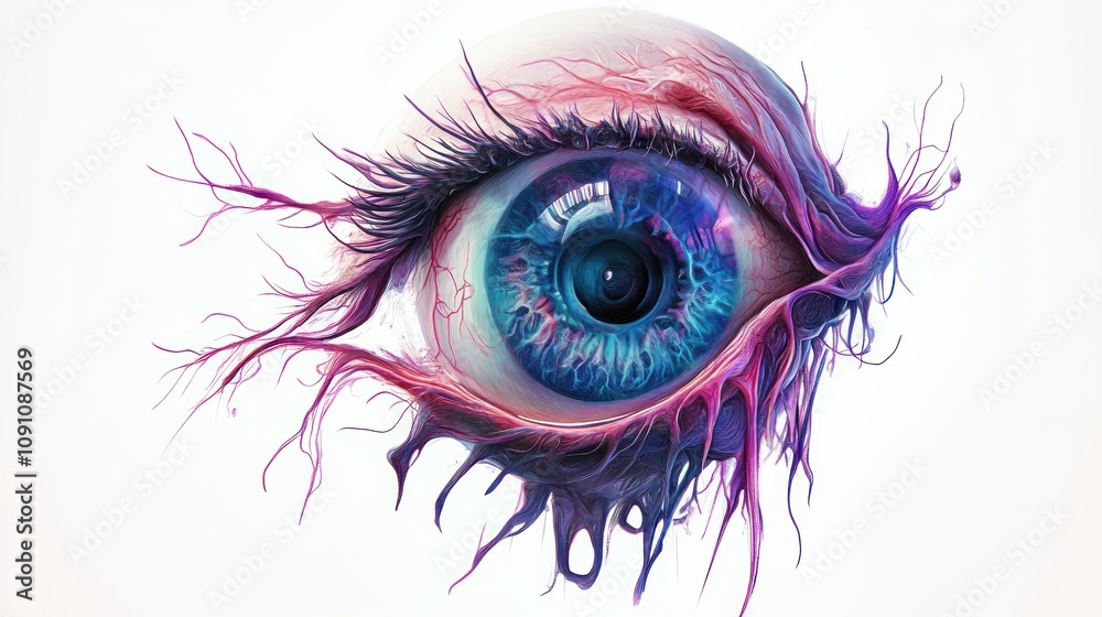 Poster a surreal eye design with vibrant colors and organic elements, blending realism and abstraction.