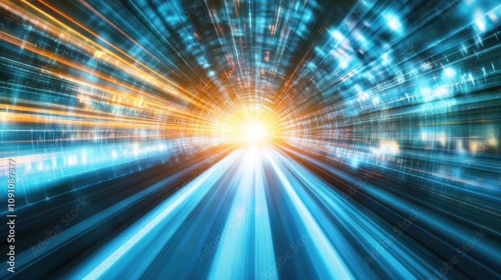 Poster dynamic light trail representing fast motion and technology in a futuristic tunnel environment with 