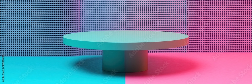 Poster a minimalist round table against a split background of turquoise and pink grids.