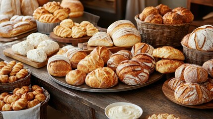 A vibrant display of freshly baked breads and pastries arranged on wooden tables, showcasing a variety of textures and shapes.