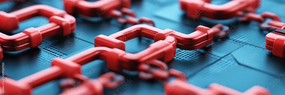 Poster a close-up of interconnected red chains on a blue digital background, symbolizing connectivity.