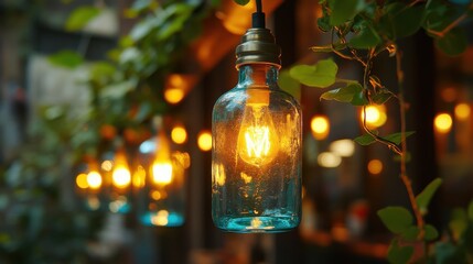 A serene setting featuring glowing vintage glass pendant lights amidst lush greenery, creating a warm and inviting atmosphere.