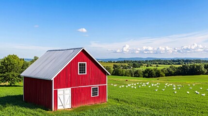 Poultry safety concept. A vibrant red barn stands in a lush green field under a clear blue sky, surrounded by distant mountains and grazing sheep.