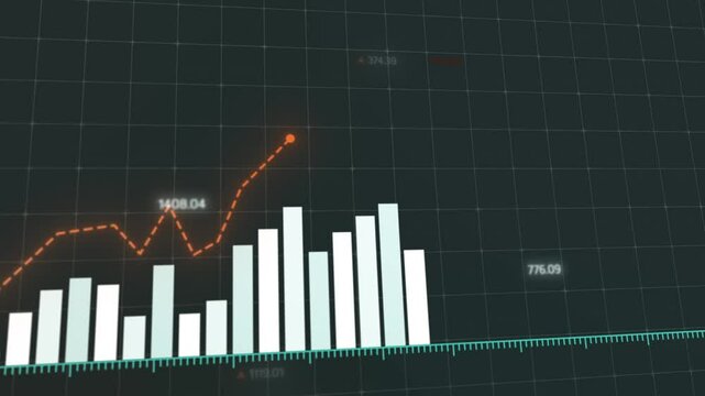 Dynamic digital animation showcasing financial trends, increasing profits, and decreasing losses, upward motion diagrams and bar graphs, cryptocurrency and trading insights, Copy space.