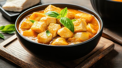 A bowl of delicious, golden tofu stew garnished with fresh basil, served on a wooden board, showcasing a warm and inviting meal.