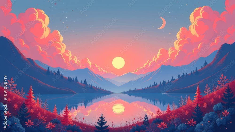 Poster a beautiful landscape with a large mountain range and a small lake