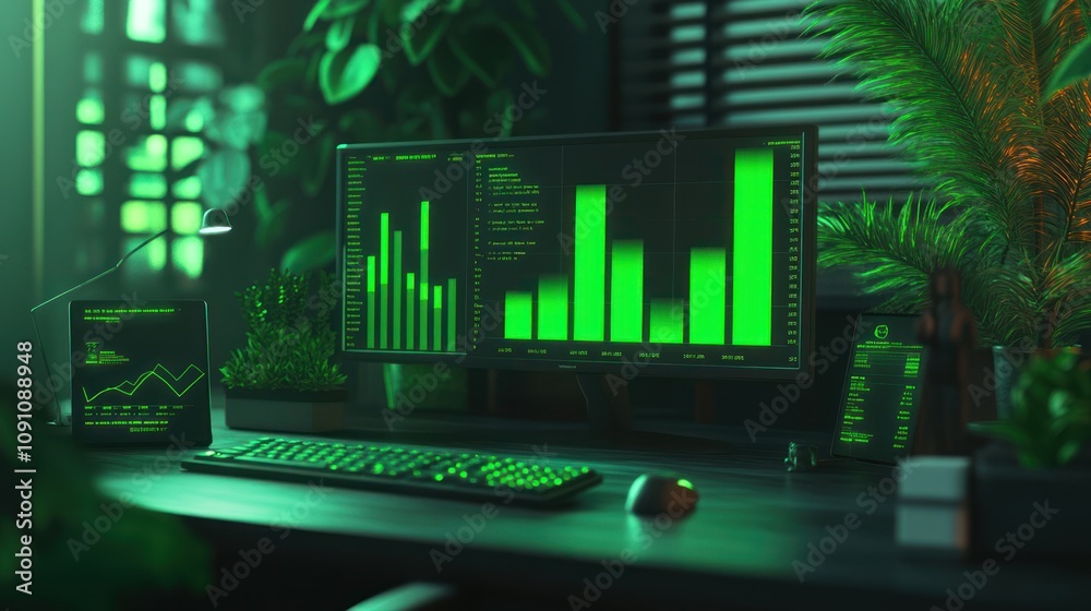 Poster A modern workspace featuring green data visualizations and plants.
