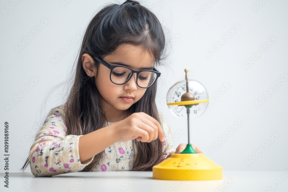 Poster a young girl experiments with a science model demonstrating planetary motion.