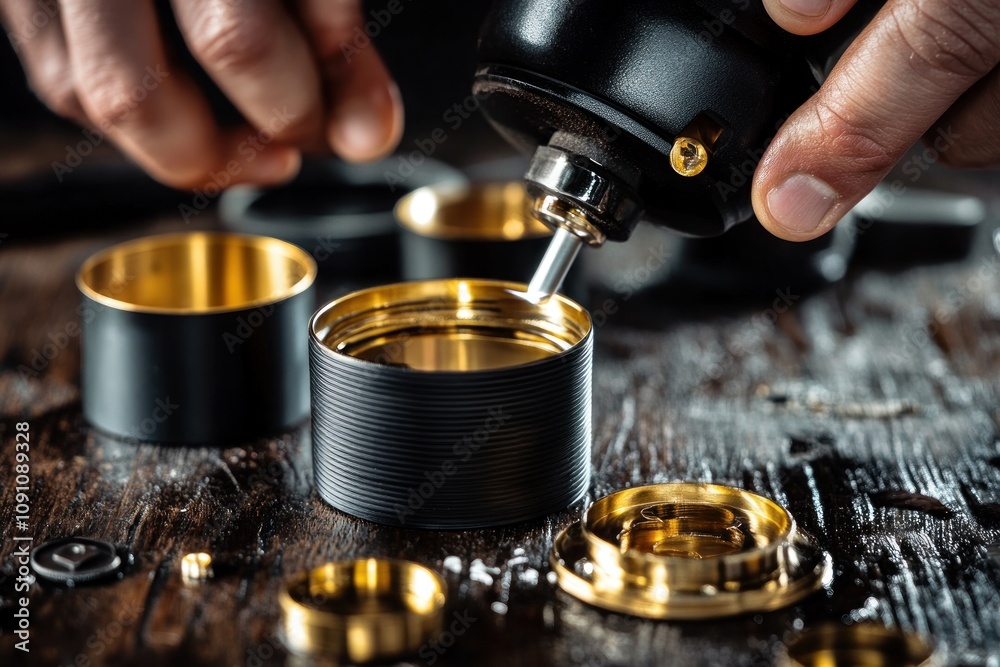Poster Close-up of hands assembling a mechanical device with gold and black components.