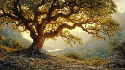Fototapeta premium Majestic oak tree in sunlit mountain valley landscape at golden hour