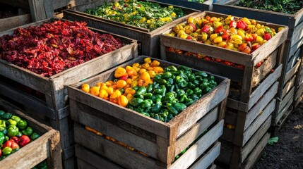 Obraz premium A vibrant display of assorted vegetables in wooden crates, showcasing a colorful array of fresh produce.