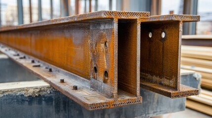 Close-Up of Rusty Steel Beam at Construction Site with Textured Surface and Industrial Background, Highlighting Metal Structure and Construction Materials