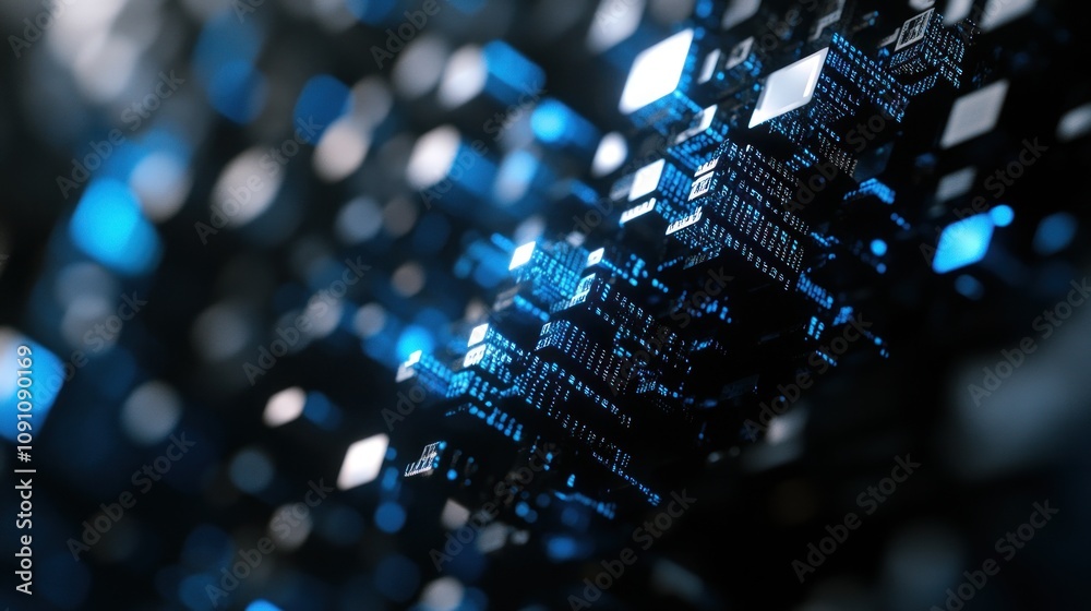 Poster a close-up view of a complex circuit board with glowing blue elements.