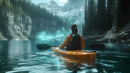 A woman kayaking on a calm river, with holographic pop-ups of water depth, speed, and scenic spots along the way. 4k resolution, Cinematic Scene