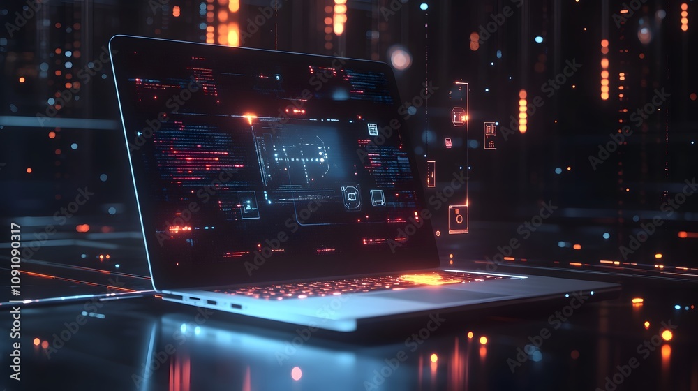 Poster A holographic interface projected from a sleek laptop, with 3D-rendered icons and 2D glowing data streams flowing around it. 4k resolution, Cinematic Scene