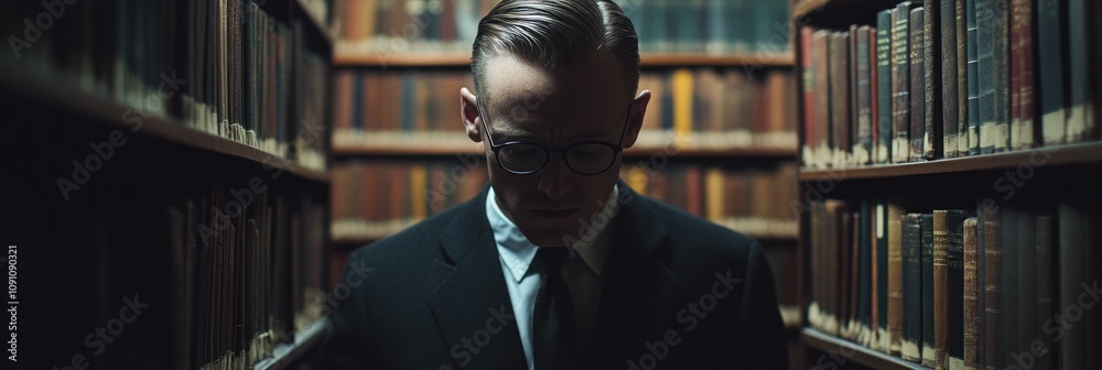 Poster a man in a suit stands in a library, surrounded by books, deep in thought.