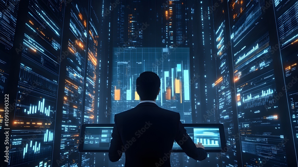Poster a businessman analyzing 3d-rendered bar graphs projected from a tablet, surrounded by 2d digital das