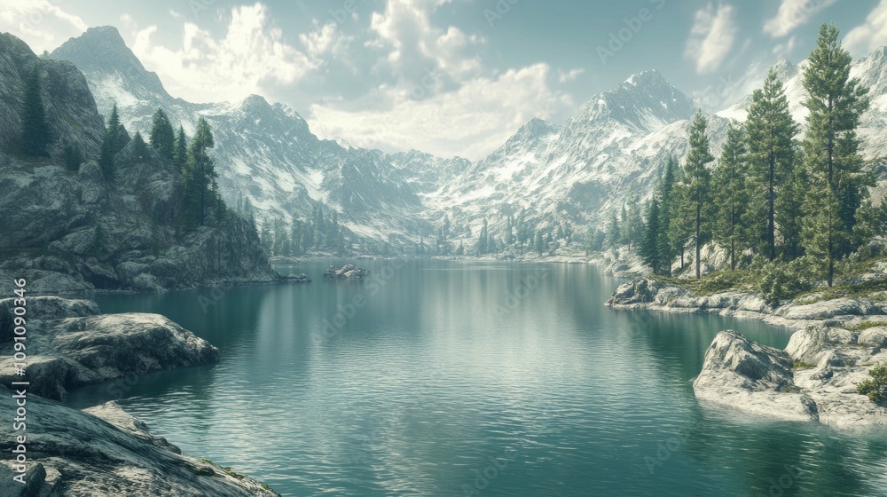 Aufkleber a beautiful mountain lake with snow-covered mountains in the background