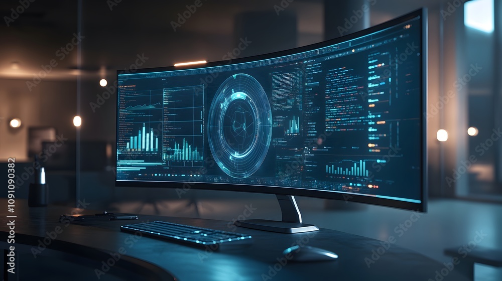 Poster A futuristic workspace featuring a curved 3D holographic monitor displaying real-time analytics and 2D glowing user interactions. 4k resolution, Cinematic Scene