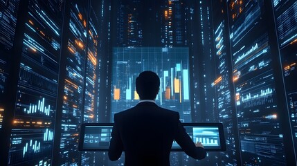 Fototapeta premium A businessman analyzing 3D-rendered bar graphs projected from a tablet, surrounded by 2D digital dashboards. 4k resolution, Cinematic Scene