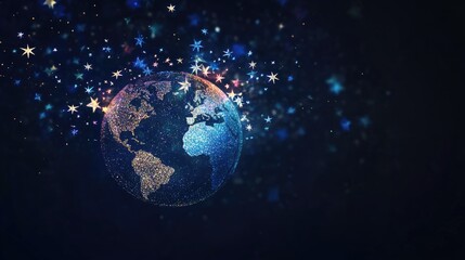 Fototapeta premium Stylized New Year 2025 logo with a globe and stars, symbolizing global celebration and connection in safety