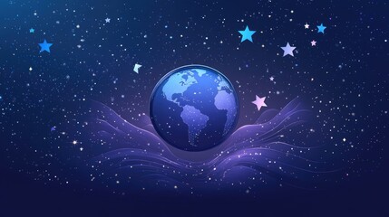 Obraz premium Stylized New Year 2025 logo with a globe and stars, symbolizing global celebration and connection in safety