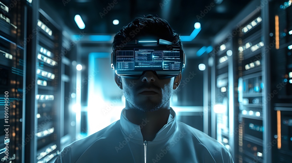 Poster a technician wearing augmented reality glasses in a 3d data center, with 2d overlays of server diagn