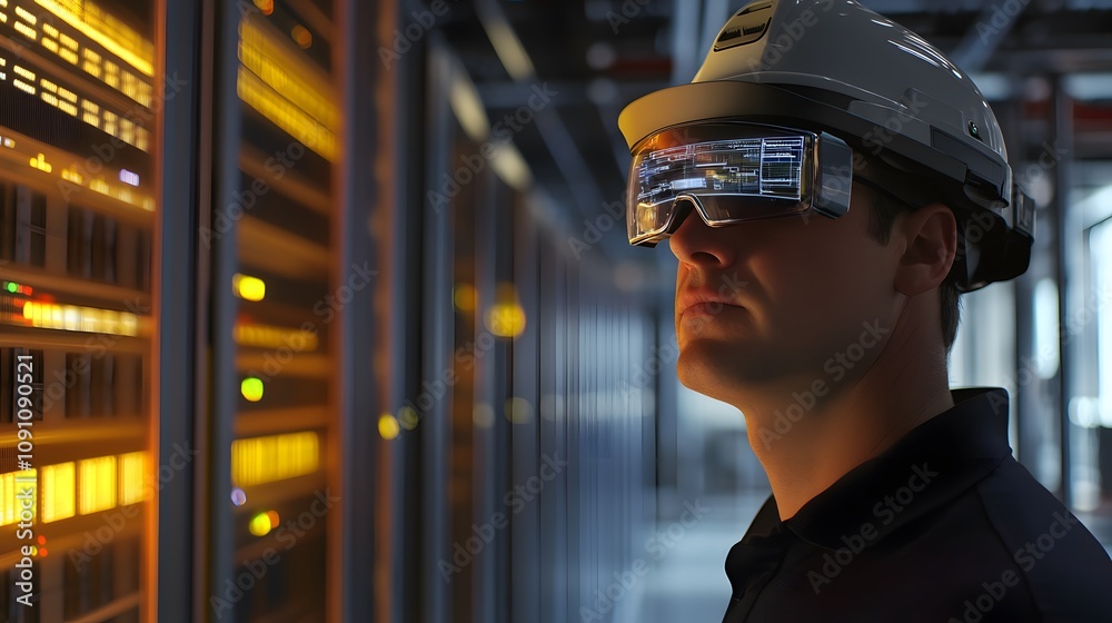 Aufkleber a technician wearing augmented reality glasses in a 3d data center, with 2d overlays of server diagn