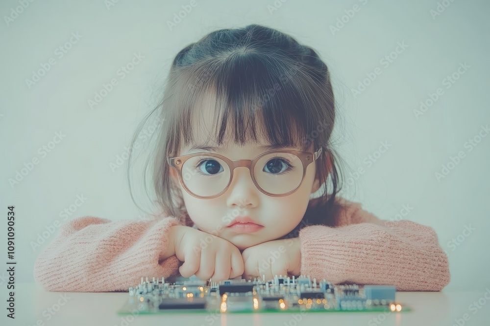 Poster a thoughtful child examines a circuit board, showcasing curiosity and interest in technology.
