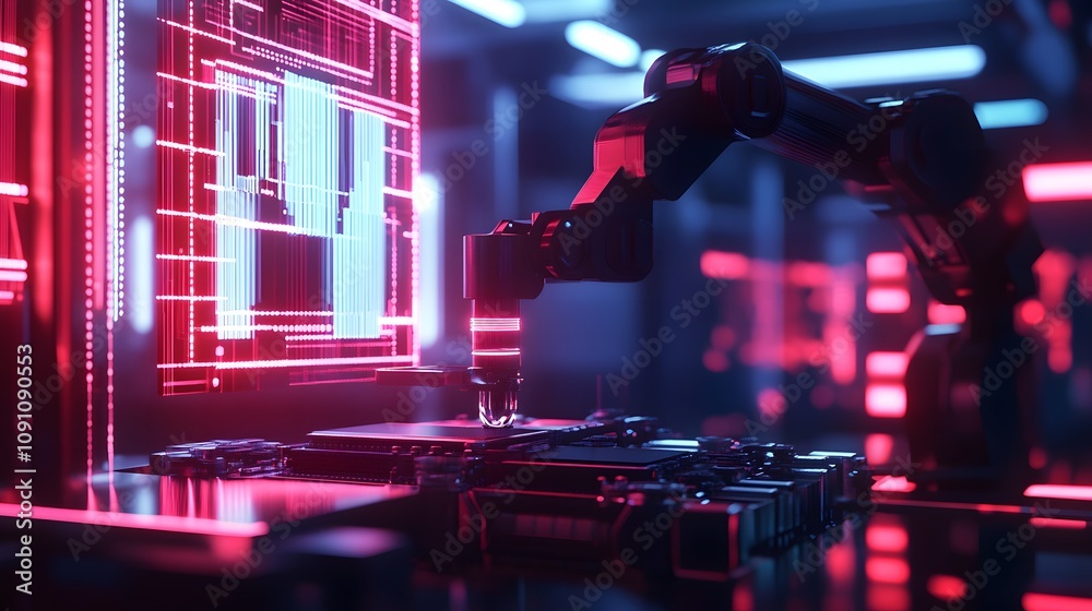 Aufkleber A robotic arm in a 3D-rendered laboratory assembling a microchip, with 2D holographic data flows representing precision. 4k resolution, Cinematic Scene
