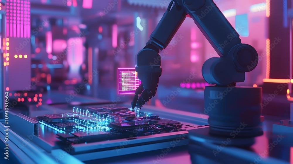 Aufkleber A robotic arm in a 3D-rendered laboratory assembling a microchip, with 2D holographic data flows representing precision. 4k resolution, Cinematic Scene