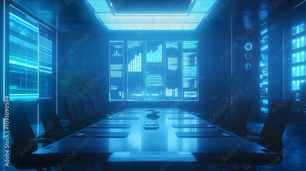 Poster a conference room with 3d digital charts hovering in mid-air, surrounded by 2d holographic collabora