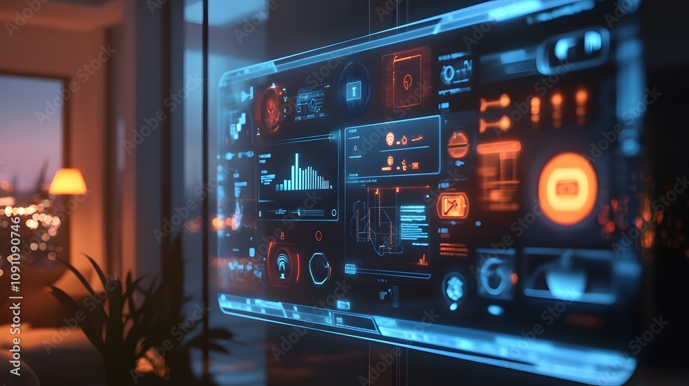 Poster A smart home interface with 3D holographic controls for lighting and temperature, surrounded by 2D glowing animations of connectivity. 4k resolution, Cinematic Scene