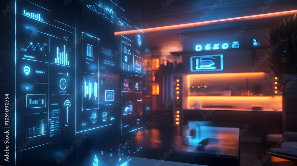 Aufkleber a smart home interface with 3d holographic controls for lighting and temperature, surrounded by 2d g