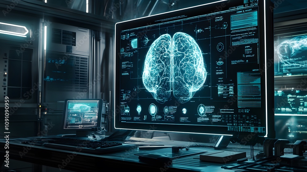 Poster A 3D-rendered holographic brain scan projected on a medical workstation, with 2D neural network diagrams overlaying the image. 4k resolution, Cinematic Scene
