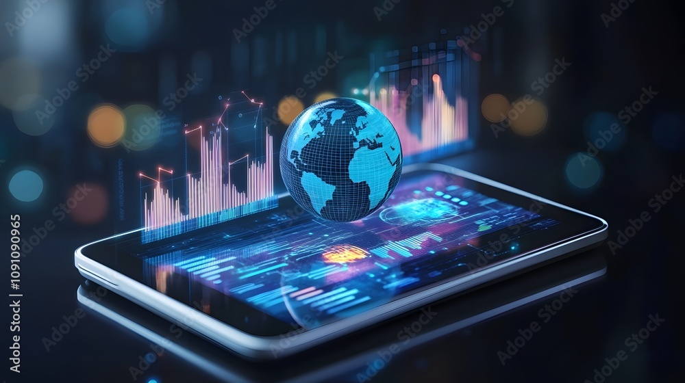 Poster a sleek tablet displaying a 3d holographic earth model, surrounded by 2d glowing graphs of environme