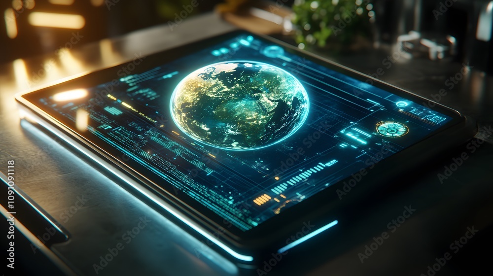 Poster a sleek tablet displaying a 3d holographic earth model, surrounded by 2d glowing graphs of environme