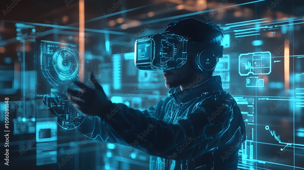 Poster A virtual reality simulation with 3D-rendered interactive environments and 2D holographic task prompts. 4k resolution, Cinematic Scene
