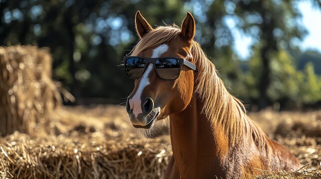 A cool horse wearing sunglasses, exuding a fun and playful vibe in a sunny setting.