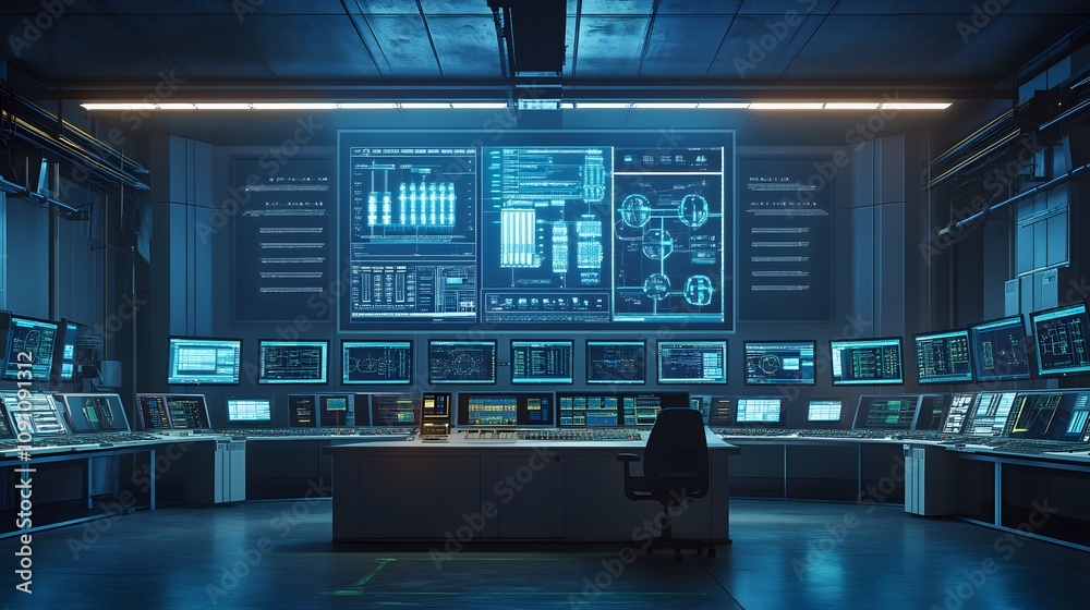 Poster a clean energy control center featuring 3d-rendered turbine monitors and 2d glowing analytics of pow