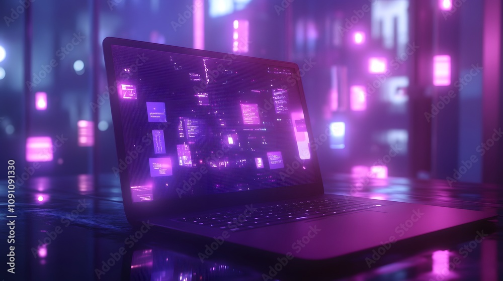 Aufkleber a sleek futuristic laptop projecting a 3d holographic meeting interface, with 2d animated chat messa