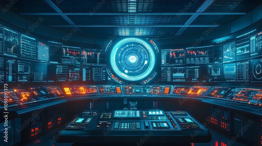 Poster a clean energy control center featuring 3d-rendered turbine monitors and 2d glowing analytics of pow