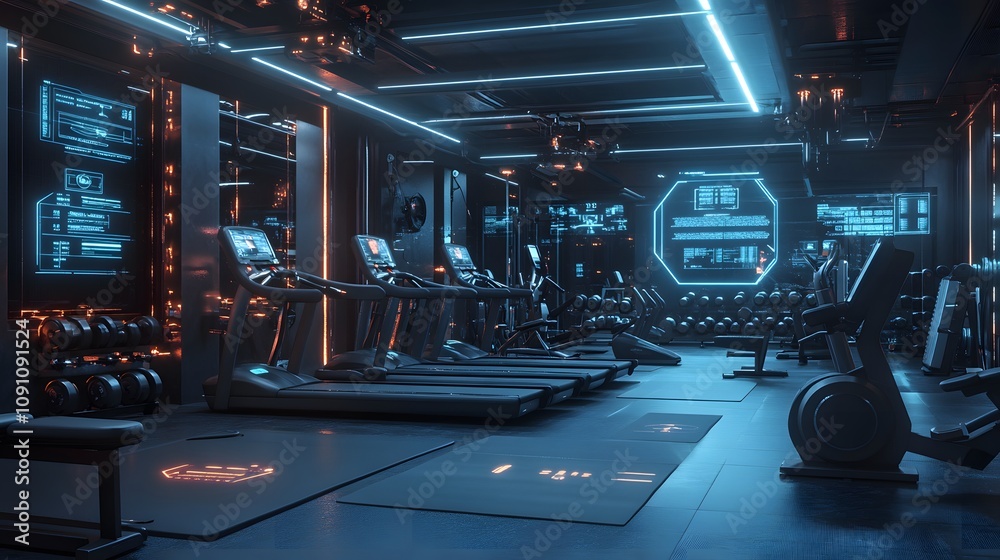 Poster A high-tech gym with 3D holographic fitness guides and 2D glowing progress metrics surrounding each machine. 4k resolution, Cinematic Scene