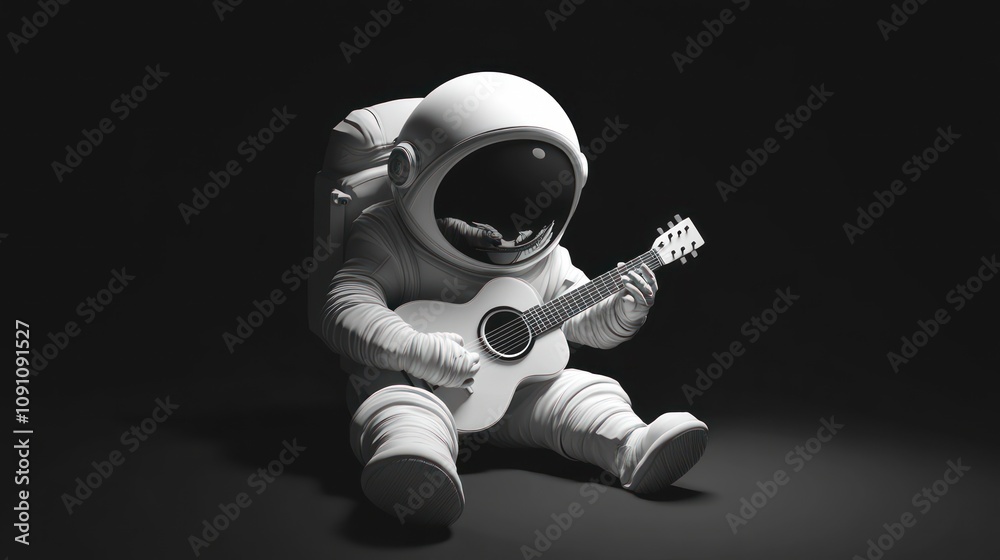 Poster an astronaut playing a guitar in a minimalist setting.