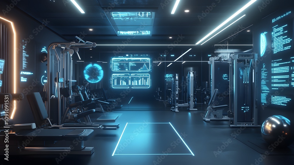 Aufkleber a high-tech gym with 3d holographic fitness guides and 2d glowing progress metrics surrounding each 