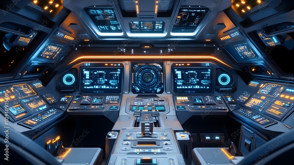 Poster A control panel in a futuristic cockpit with 3D holographic instruments and 2D animated trajectory visuals. 4k resolution, Cinematic Scene