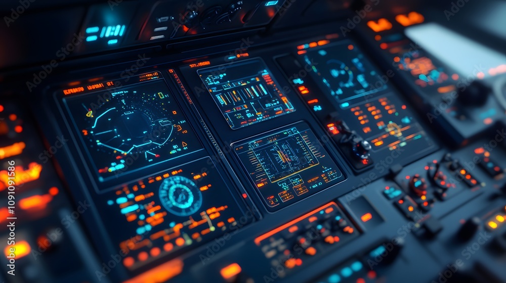 Aufkleber A control panel in a futuristic cockpit with 3D holographic instruments and 2D animated trajectory visuals. 4k resolution, Cinematic Scene