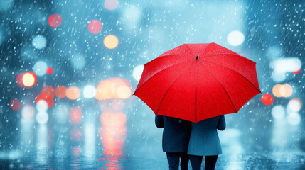 Rainy City Romance: A couple shares a red umbrella under a snowfall in a city at night. The image evokes a sense of intimacy and togetherness during a romantic winter evening.