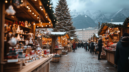 Salzburg Christkindlmarkt, wooden stalls with beautiful Christmas decorations line the square of Salzburg, a large Christmas tree decorated with sparkling lights, Ai generated images