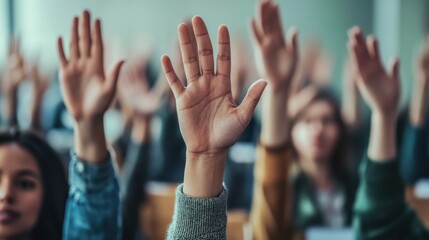 Diverse Group of Students Raising Hands in a Classroom Setting, Engaging in Interactive Learning and Encouraging Participation in Educational Environment